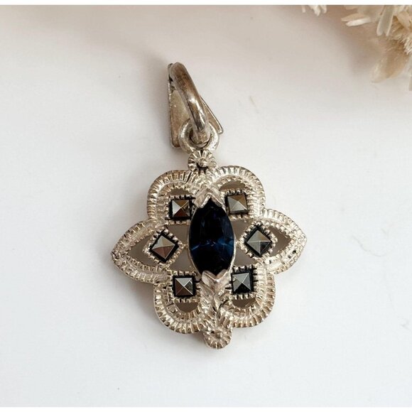 Blue Azurite Accented Sterling Silver Art Deco 925 Vintage Statement Pendant - Picture 1 of 10